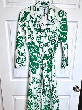 NWT Zara Printed Cotton Poplin Midi Shirt Dress, Size 6 (EU Med), Belt